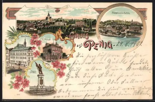 Lithographie Penig, Patentpapierfabrik, Hotel Hirsch, Kriegerdenkmal, K. Postamt