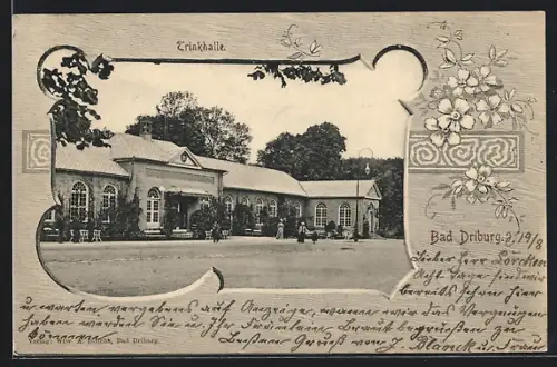 AK Bad Driburg, Gasthof Trinkhalle im Blumen-Passepartout