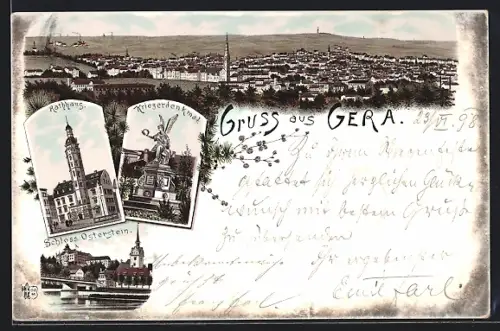 Lithographie Gera, Rathaus, Schloss Osterstein, Kriegerdenkmal