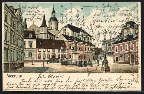 Lithographie Meerane, Bismarckplatz mit Kirche und Brunnen
