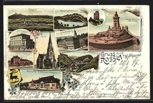 Lithographie Rossla a. Kyffhäuser, Kaiser Wilhelm-Denkmal, Bahnhofstrasse mit Dr. Stremme`s Pädagogium