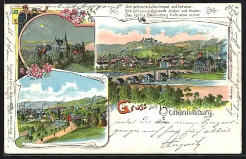 Lithographie Hohenlimburg, Teilansicht und Flusspartie mit Brücke
