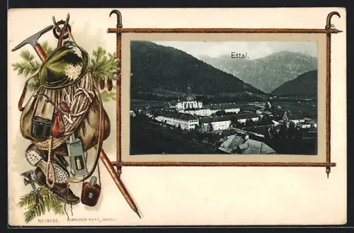 Passepartout-Lithographie Ettal, Kloster aus der Vogelschau, Bergsteiger-Ausrüstung