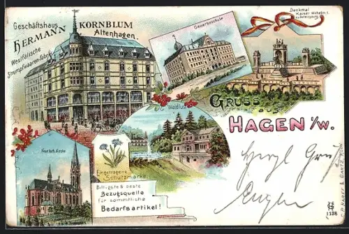 Lithographie Hagen i. W., Gasthaus Waldlust, Geschäftshaus Hermann Kornblum, Gewerbeschule, Denkmal Kaiser Wilhelm I