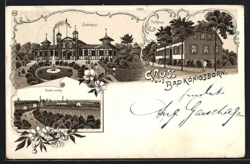 Lithographie Bad Königsborn, Badehaus, Parkhaus, Gradierwerk