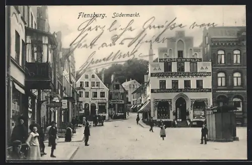 AK Flensburg, Strasse am Südermarkt, Geschäftshaus J. C. Heesch