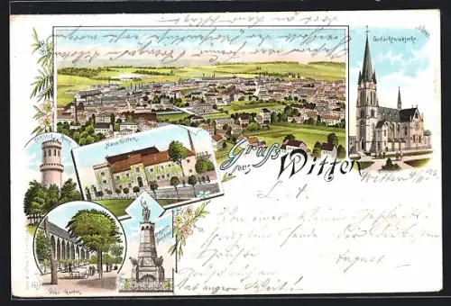 Lithographie Witten, Gesamtansicht, Voss-Garten, Gedächtniskirche, Haus Witten