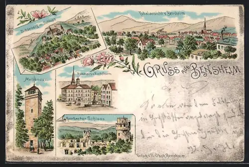 Lithographie Bensheim, Schloss Auerbach, Melibocus, Schönberg mit Schloss, Rathaus mit Kirche