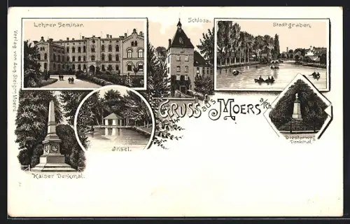 Lithographie Moers a. Rh., Lehrerseminar, Schloss, Kaiser Denkmal, Stadtgraben, Insel, Diesterweg-Denkmal