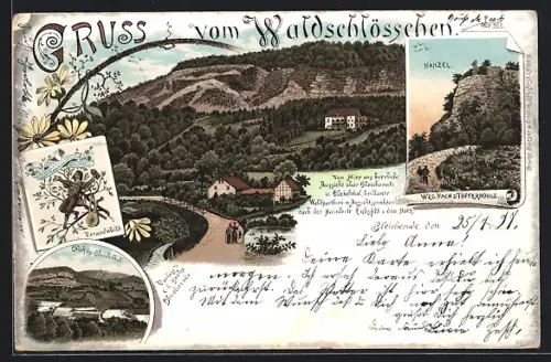 Lithographie Bleicherode, Gasthaus Waldschlösschen, Kanzel, Blick ins Bleichthal