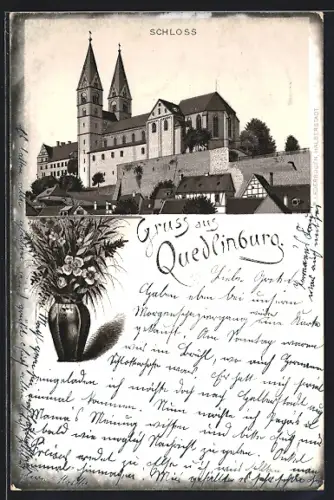 Lithographie Quedlinburg, Blick zum Schloss