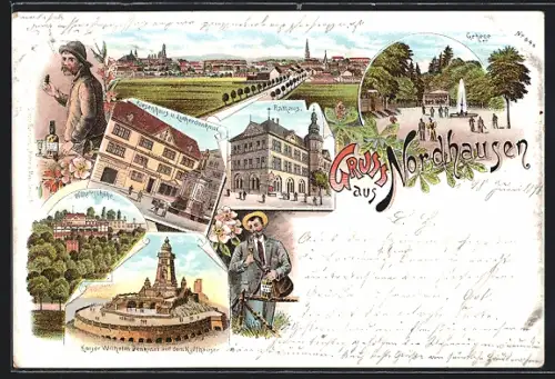 Lithographie Nordhausen, Rathaus, Riesenhaus u. Lutherdenkmal, Kaiser Wilhelm Denkmal auf dem Kyffhäuser