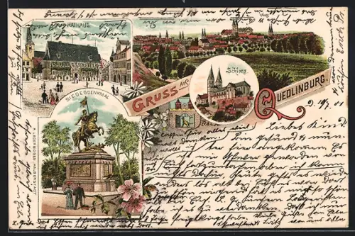 Lithographie Quedlinburg, Panorama, Schloss, Rathaus und Siegesdenkmal