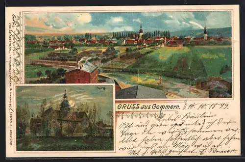 Lithographie Gommern / Anhalt, Burg, Ortsansicht mit Kirche