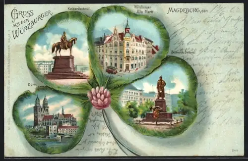 Passepartout-Lithographie Magdeburg, Gruss aus dem Würzburger, Dom, Bismarckdenkmal, Kaiserdenkmal, Weinblatt