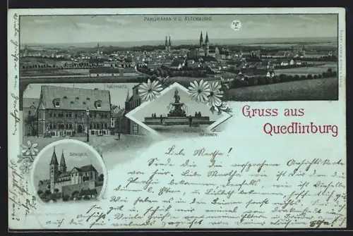 Mondschein-Lithographie Quedlinburg, Panorama v. d. Altenburg, Schloss, Rathhaus, Mathildenbrunnen