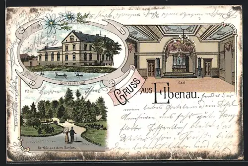 Lithographie Elbenau, Gasthaus Crackau`s Local, Partie aus dem Garten, Saal