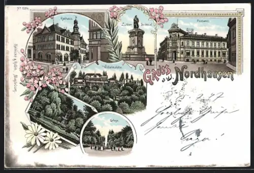 Lithographie Nordhausen, Rathaus, Lutherdenkmal, Postamt, Gehege