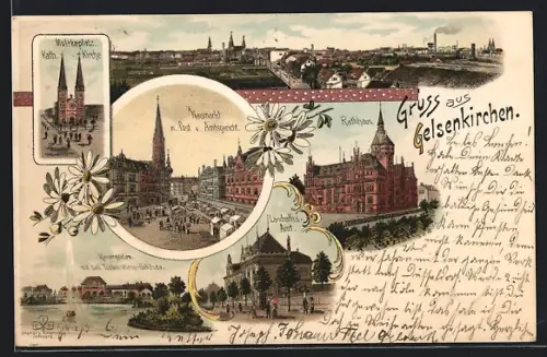 Lithographie Gelsenkirchen, Moltkeplatz, Neumarkt, Post, Amtsgericht, Kaisergarten