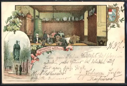 Lithographie Würzburg, Gasthaus Weinstube des Juliusspitals, Denkmal, Wappen