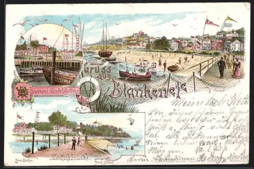 Lithographie Hamburg-Blankenese, Brauerei Teufelsbrücke, Dampfer Hammonia, Passanten auf der Teufelsbrücke