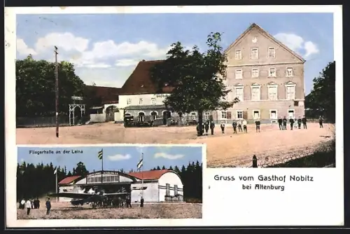 AK Nobitz, Blick zum Gasthof, Fliegerhalle an der Leina