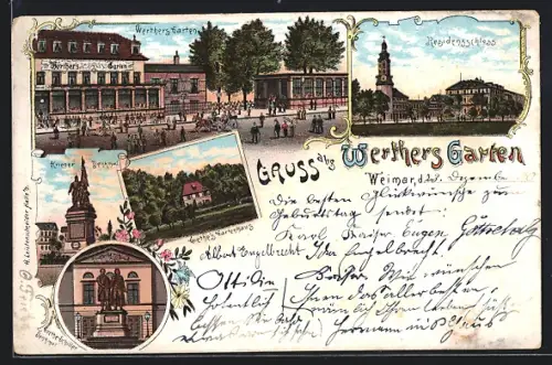 Lithographie Weimar / Thüringen, Gasthaus Werthers Garten, Residenzschloss, Krieger Denkmal