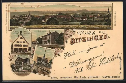 Lithographie Ditzingen, Buchbinderei von K. Gehring, Bahnhof, Rathaus, Ortsansicht