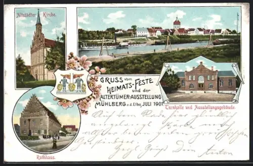 AK Mühlberg / Elbe, Festpostkarte Heimatfest 1901, Altertümer-Ausstellung, Turnhalle, Rathaus, Wappen