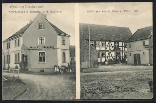 AK Drackenstedt, Warenhandlung u. Restaurant v. O. Buckenthal, Gasthof zum weissen Löwen v. Walter Thies