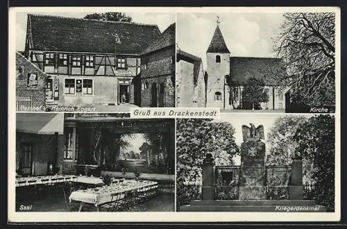 AK Drackenstedt, Gasthof v. Heinrich Eggert, Saal, Kriegerdenkmal, Kirche