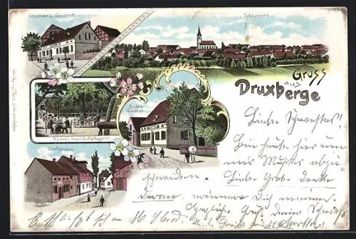 Lithographie Druxberge, Totalansicht, Danzmann's Gasthaus, Bode's Gasthaus
