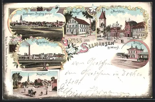 Lithographie Seehausen / Wanzleben, Marktplatz, Zuckerfabrik, Bahnhof