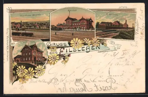 Lithographie Eilsleben, Bahnhof, Vis a vis des Bahnhofs, Zuckerfabrik, Kaiserl. Postamt