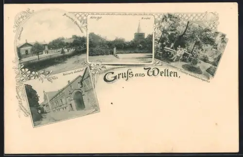 AK Wellen / Hohe Börde, Reicherts Gutshof, Promiess Restaurant, Bahnhof, Kirche, Rittergut
