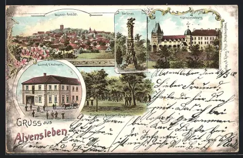 Lithographie Alvensleben, Gasthof O. Hartmann, Veltheimsburg, Denkmal, Panorama