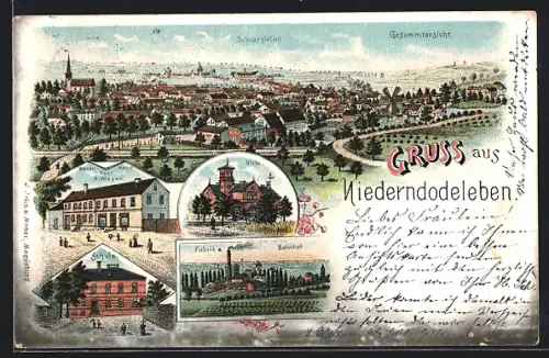 Lithographie Niederndodeleben, Bahnhof, Warenhaus Post A. Meyer, Fabrik, Villa