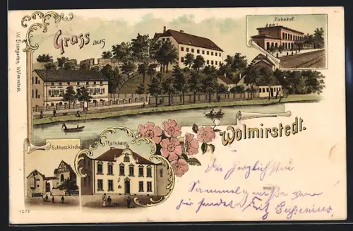 Lithographie Wolmirstedt, Bahnhof, Schlosskirche, Rathhaus, Flusspartie