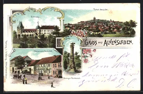 Lithographie Alvensleben, Schloss, Strassen-Ansicht, Kriegerdenkmal & Ortsansicht