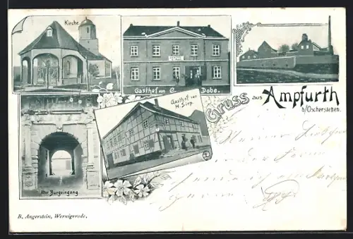 Lithographie Ampfurth b. Oschersleben, Gasthof von C. Dobe, Gasthof von H. Sirp, Kirche