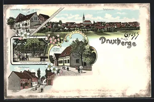 Lithographie Druxberge, Bode`s Gasthof, Danzmann`s Gasthaus, Kühne`s Gesellschaftsgarten, Dorfstrasse