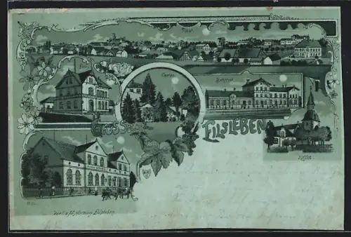 Mondschein-Lithographie Eilsleben, Bahnhof, Post, Gasthof Gustav Knüppel, Kirche