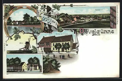 Lithographie Eilsleben, Oevelgünne, Gasthaus von O. Träger, Mühle, Ortspanorama