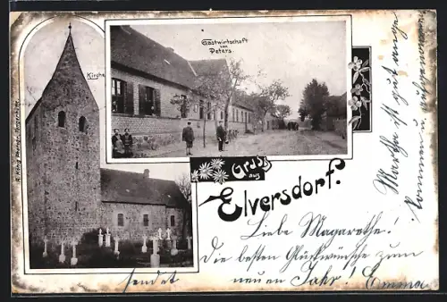 AK Elversdorf, Gasthaus von Peters, Kirche mit Friedhof