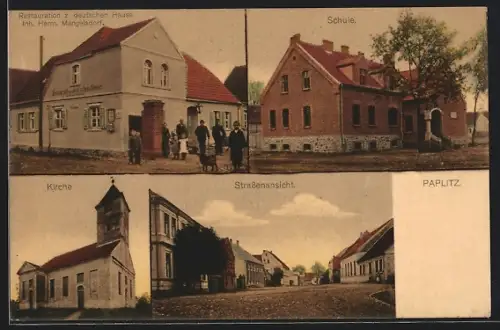 AK Paplitz / Genthin, Restaurant zum deutschen Hause, Inh. Herm. Mangelsdorf, Kirche, Schule
