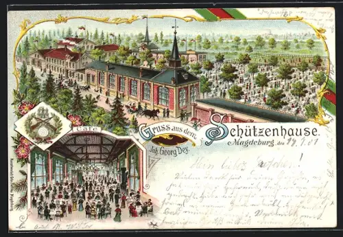 Lithographie Magdeburg, Gasthaus Schützenhause, Inh. Georg Dey, Cafe
