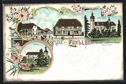 Lithographie Erxleben / Haldensleben, Gasthof z. goldenen Krone, Bes. L. Lühr, Schloss