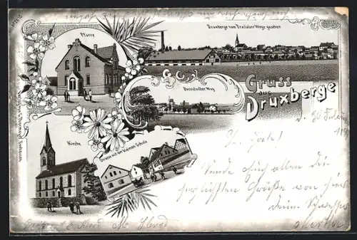 Lithographie Druxberge, Ortsansicht vom Dreileber Weg aus, Pfarre, Strasse mit der kleinen Schule