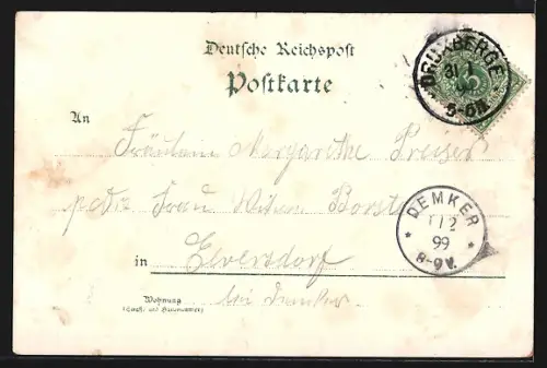 Lithographie Druxberge, Ortsansicht vom Dreileber Weg aus, Pfarre, Strasse mit der kleinen Schule