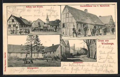 AK Windberge / Tangerhütte, Geschäft von C. Sanderhoff, Schule und Kirche, Rittergutshof